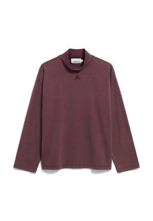 Haut mauve à manches longues avec un col montant, fabriqué à partir d'un tissu doux, présentant un logo en relief subtil au niveau de la poitrine et une coupe décontractée.