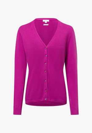 Fuchsia Cardigan mit langen Ärmeln, V-Ausschnitt und sechs Knopfverschluss. Hergestellt aus einem weichen, strukturierten Strickmaterial. Mit gerippten Bündchen und Saum.