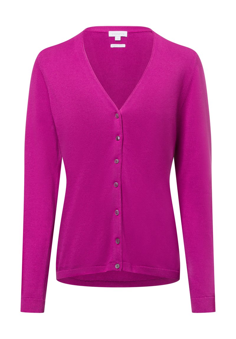 Fuchsia Cardigan mit langen Ärmeln, V-Ausschnitt und sechs Knopfverschluss. Hergestellt aus einem weichen, strukturierten Strickmaterial. Mit gerippten Bündchen und Saum.