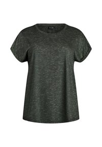 Tamnozelena majica s kratkim rukavima izra�đena od mekog, teksturiranog materijala, opuštenog kroja s okruglim izrezom. Suptilan heathered uzorak je vidljiv.