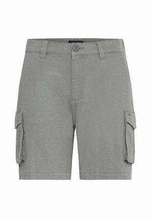 Pantaloni cargo grigi con due tasche laterali, chiusura con bottone e tessuto strutturato. Design casual e versatile, adatto per diverse attività.