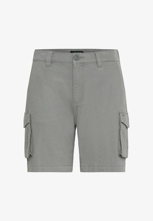 Gray cargo shorts featuring two side pockets, a button closure, and a textured fabric. Casual, versatile design suitable for various activities.