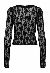 Sort blonderametrøje med lange ærmer, der har et blomstermønster og en cropped design med rund halsudskæring og gennemsigtig tekstur.