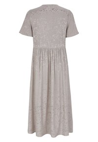 Abito beige al ginocchio realizzato in tessuto morbido con una leggera texture a motivo, scollatura rotonda e maniche corte; vita arricciata.