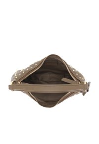 Brown leather handbag with gold studs, open zipper showing a spacious dark fabric interior with a small inner pocket.