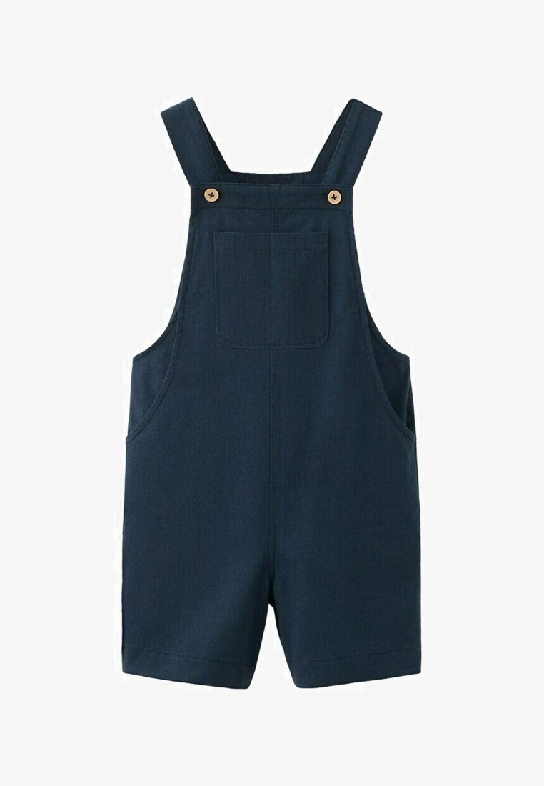 Salopette courte bleu marine avec bretelles réglables, poche poitrine avant, poches latérales et détails à boutons sur les bretelles.