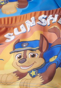 Costume da bagno con design di cani cartoni animati colorati, caratterizzati da tonalità di blu e arancione, cintura elastica e il testo "SUN SH."