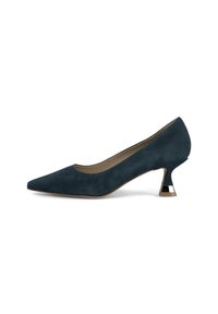 Décolleté in suede blu navy con punta affilata, interno beige e tacco a cono con accenti argentati unici. Texture liscia e design elegante.