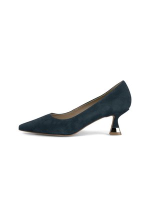 Décolleté in suede blu navy con punta affilata, interno beige e tacco a cono con accenti argentati unici. Texture liscia e design elegante.