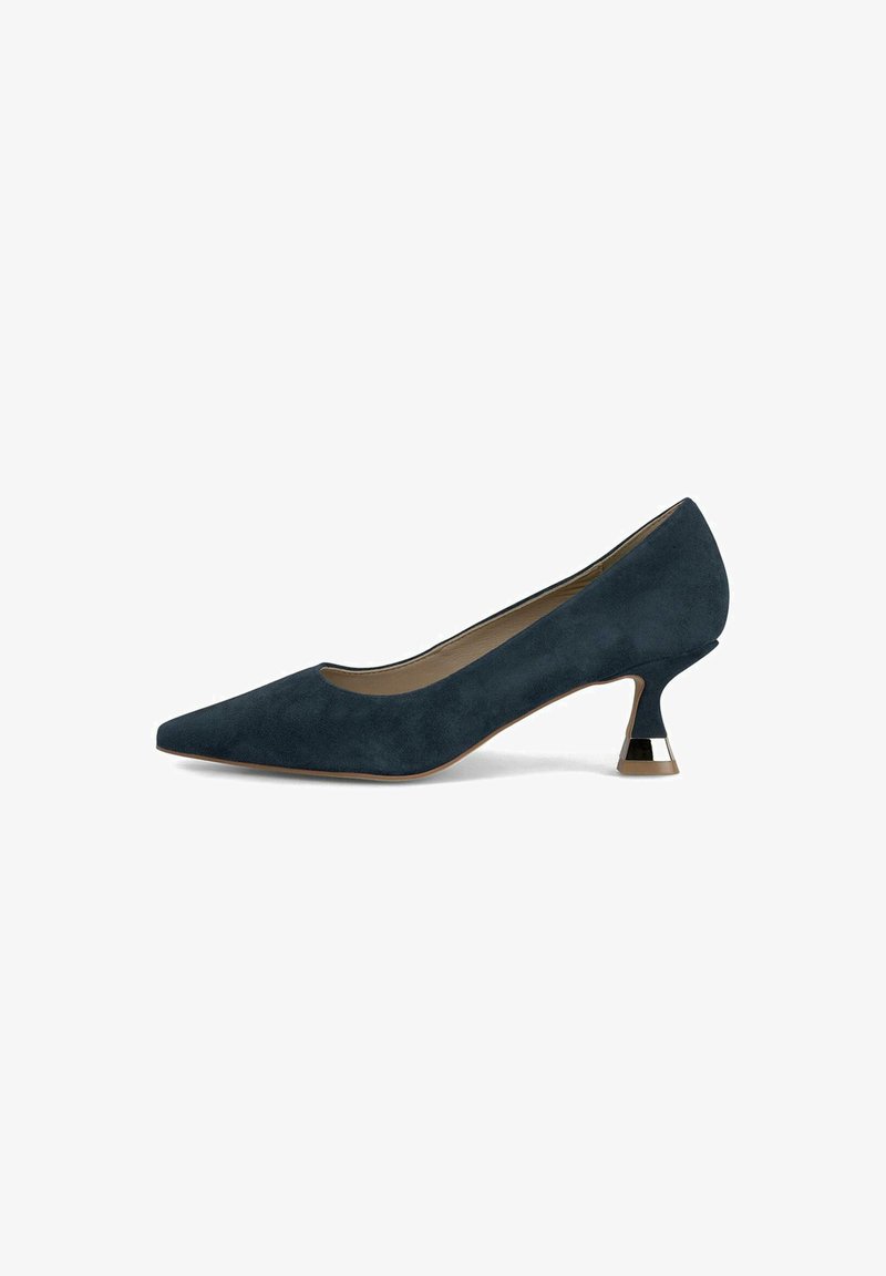 Décolleté in suede blu navy con punta affilata, interno beige e tacco a cono con accenti argentati unici. Texture liscia e design elegante.