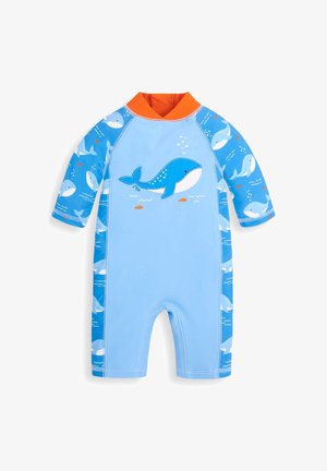 Heled sinine lühikeste varrukatega ujumistrikoo oranži kraega. Ees on suur vaala graafika ja varrukatel on väikesed vaala mustrid.