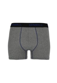Boxer-briefs gris avec une taille noire portant le logo "O'Neill" en bleu. Texture lisse avec un détail de couture en bleu contrastant. Coupe standard.