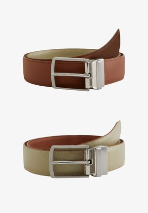 Two leather belts: one brown with a silver buckle, the other cream with a silver buckle. Both have smooth texture and contrasting inner linings.
