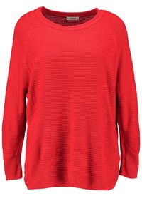 Roter Strickpullover mit rundem Ausschnitt, langen Raglanärmeln und einem strukturierten Rippmuster. Verfügt über eine entspannte Passform und seitliche Schlitze.