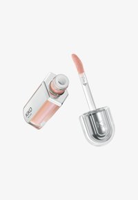 KIKO läppglans i ett klart rektangulärt rör med metalliska accenter, försedd med en mjuk applikator samt en glansig, ljusrosa nyans.