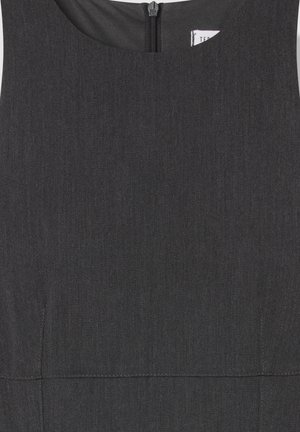 Abito senza maniche grigio scuro con scollatura rotonda, chiusura con zip sul retro e una consistenza sottile. Presenta un corpetto aderente e una gonna leggermente svasata.