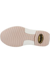 White sneaker sole with light pink rubber, featuring a textured waffle pattern, a logo badge, and a cutout design.