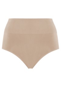 Wysokopasażowe, cieliste, bezszwowe majtki wykonane z miękkiej, gładkiej tkaniny o matowym wykończeniu, bez widocznych szwów, z zaokrąglonymi krawędziami i pełnym pokryciem z tyłu.