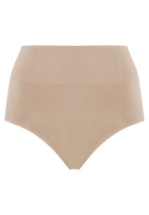 Braga alta, nude, sin costuras, hecha de un tejido suave y liso con un acabado mate y sin costuras visibles, bordes curvados y un diseño que cubre toda la parte trasera.