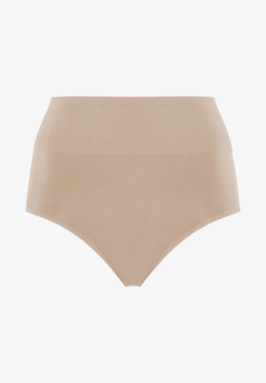 Braga alta, nude, sin costuras, hecha de un tejido suave y liso con un acabado mate y sin costuras visibles, bordes curvados y un diseño que cubre toda la parte trasera.