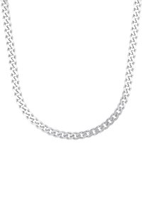 Collana in argento con maglie intrecciate, caratterizzata da una finitura liscia e un design uniforme, adatta per un abbigliamento casual o formale.