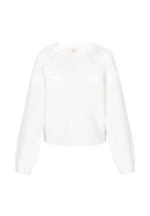 Hvid cropped sweater lavet af tekstureret strikstof, med blomsterapplikationer på forsiden og puffede lange ærmer.