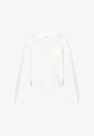 Weißer, kurzer Pullover aus strukturiertem Strickstoff, mit floralen Applikationen an der Vorderseite und puffärmeligen langen Ärmeln.