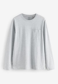 Hellgraues Langarmshirt mit Rundhalsausschnitt und Brusttasche vorne, Regular Fit, aus weichem Stoff, dargestellt auf weißem Hintergrund.