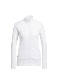 Bílá zipová bunda s texturovanou tkaninou na horní části přední strany, hladkými rukávy, vysokým límcem a přiléhavými manžetami; minimalistický design bez vzorů.