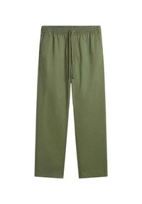 Pantalones de chándal verde oliva con cintura elástica y cordón. Corte holgado, tejido suave, piernas rectas y sin patrones ni adornos visibles.