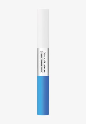 Tube compact de sérum pour cils avec un bouchon blanc, une partie médiane argentée métallique et une section inférieure bleue.