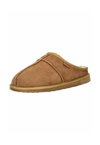 Braune Wildleder-Slipper mit weicher Innensohle und Gummisohle, entworfen für Komfort und Wärme im Innenbereich.