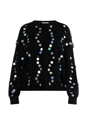 Čierny sveter s textúrovaným povrchom, zdobený holografickými kruhovými flitrami usporiadanými v vlnovkovom vzore. Obsahuje rebrované manžety a lem.