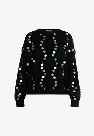 Zwarte trui met een gestructureerde afwerking, versierd met holografische ronde pailletjes die in een golvend patroon zijn gerangschikt. Voorzien van ribgebreide manchetten en onderrand.