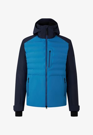 Blue and navy jacket featuring a quilted front, zippered pockets, and adjustable cuffs. Made from a waterproof material.