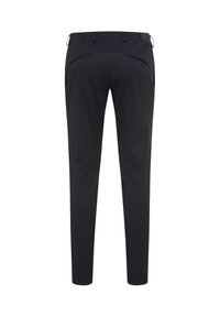 Pantaloni slim-fit blu navy con passanti per cintura, due tasche a filetto posteriori e un design a gamba affusolata.