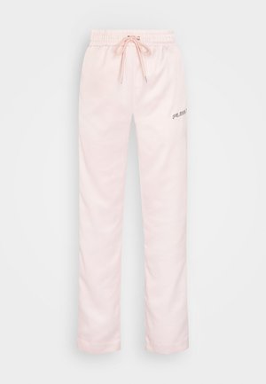 Svetloružové teplákové nohavice s elastickým pásom, nastaviteľnou šnúrkou a bočným logom; hladká tkanina a voľný strih.