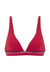 Červený bikiny vrch s trojuholníkovým dizajnom, vyrobený z hladkej tkaniny, s čierno-bielym pruhovaným lemovaním pozdĺž dolného okraja.