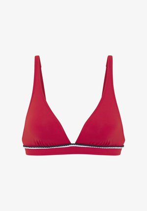 Roter Bikini-Oberteil mit einem dreieckigen Design, aus glattem Material, mit einem schwarz-weißen gestreiften Saum entlang der unteren Kante.