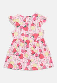 Ροζ φόρεμα με κοντά μανίκια με βολάν, διακοσμημένο με μοτίβο από φράουλες, λεμόνια και λουλούδια σε κάθετες ρίγες. Απαλό βαμβακερό υλικό.