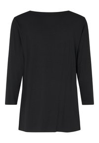 Czarna bluzka z długim rękawem o luźnym kroju, okrągłym dekolcie i gładkim bawełnianym materiale. Brak widocznych wzorów lub grafik. Prosty design.