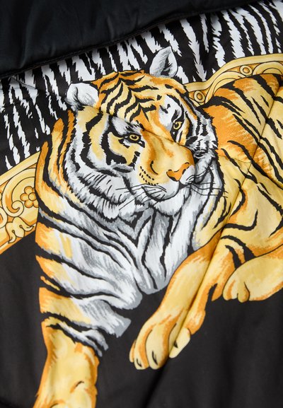 Colorful tiger illustration in orange, black, and white on a black background; features intricate detailing and flowing lines.