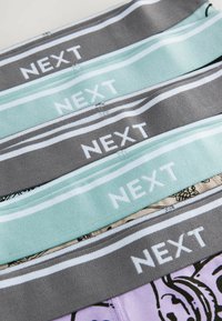 Quattro bande elastiche in vita di colore grigio e menta con strisce bianche, caratterizzate dal marchio "NEXT". Il materiale sembra morbido con una superficie liscia.