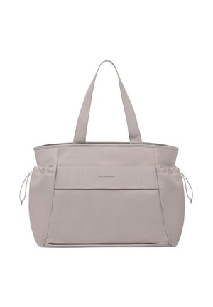 Hellgraue Tragetasche mit doppelten Schulterriemen, großer Vorderseite und verstellbaren Seiten mit Kordelzugverschluss.