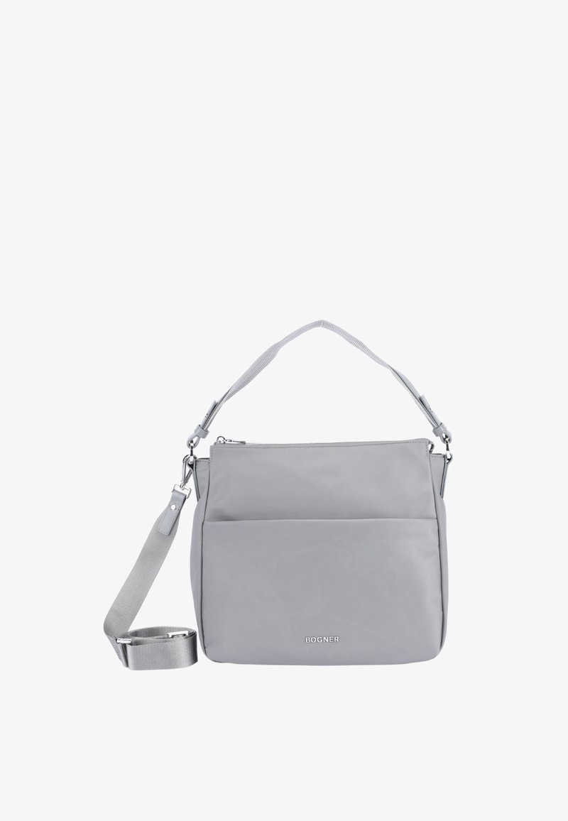 Borsa a tracolla sintetica grigia con tracolla removibile, due scomparti con zip e una tasca frontale. Logo del marchio in evidenza.