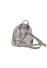 Small beige crossbody bag with adjustable strap and monogram pattern, displayed against a white background.