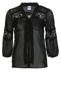 Czarna prześwitująca bluzka z koronkowymi akcentami, długimi bufkami, dekoltem w serek i wiązaniem. Zapięcie na czarne guziki z przodu.