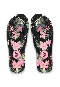 Μαύρα σαγιονάρες με λουλουδάτο σχέδιο σε ροζ και πράσινα τροπικά φυτά. Διακοσμητικά στοιχεία περιλαμβάνουν λογότυπα σε ροζ και μαύρες λεπτομέρειες στα λουριά.