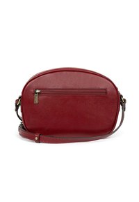 Borsa a tracolla rossa in pelle con forma arrotondata, superficie testurizzata e chiusura superiore con zip. Presenta una tasca frontale con zip e tracolla regolabile.