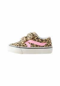 Leinwand-Schuh im Leopardenmuster mit einem rosa Seitenstreifen, ausgestattet mit einem Klettverschluss und einer weißen Gummisohle.